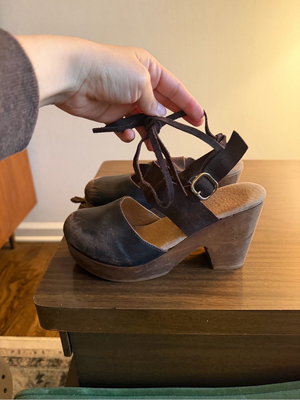 Free People Dark Brown Suede Platform Clog Heels with Ankle Tie